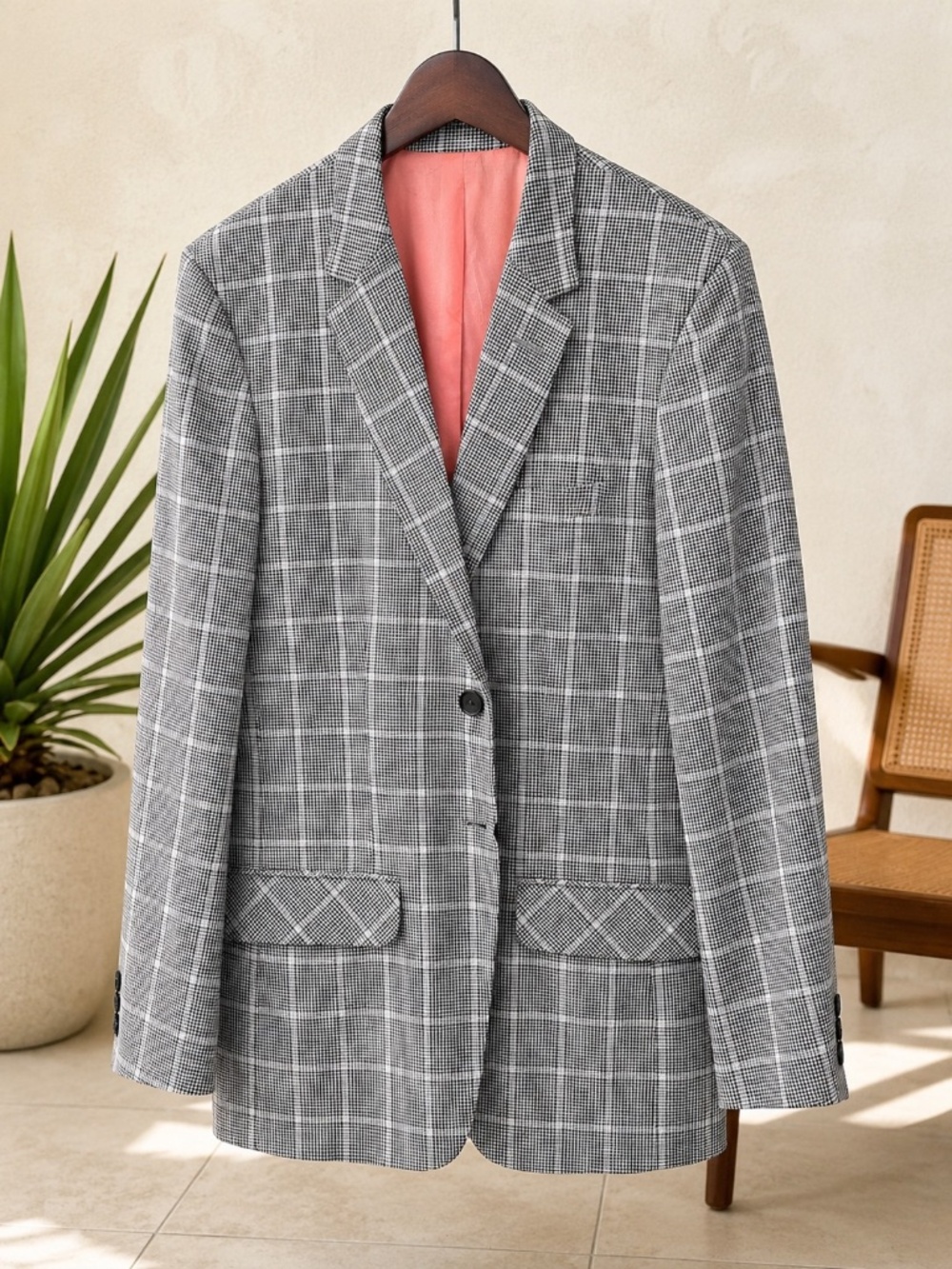 Mr Turk Trina Turk Men’s 42L Black White Houndstooth Plaid Blazer Sport Coat Ret